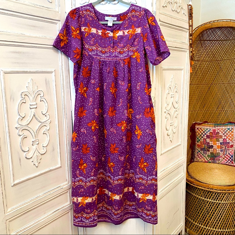 Sale!🌟 VTG Coral Bay Purple Orange Cream House Dress Short Sleeves Muumuu S…